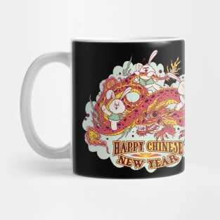 three cartoon bunnies riding on a Chinese dragon, and the title Happy Chinese new year Mug